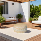 Outdoor Inflatable Ottoman with Air Pump, Embroidery Patio Footrest Stool D21”x H9”, Round Pouf Ottoman with Portable Handle Suitable for Garden, Camping, Bedroom, Living Room