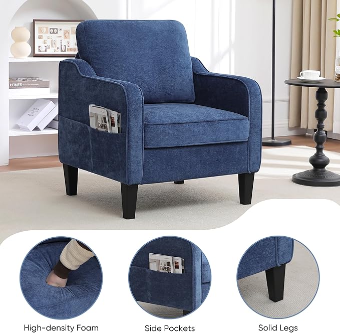 Accent Chair for Living Room, Mid Century Modern Reading Chair for Bedroom, Upholstered Armchair with Side Pockets, Comfy Single Sofa Side Chair for Office, Apartment, Small Room, Blue