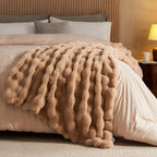 Lotus Karen Queen Size Faux Fur Blanket Khaki - Big Bubble Rabbit Fluff Blanket for Bed, Large Fluffy Fuzzy Cozy Blanket, Thick Furry Plush Shaggy Blankets, 90x90 Inches