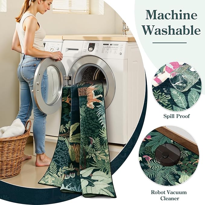 LIVEBOX Washable Jungle Dark Green Rugs 9x12 for Living Room, Stain Resistant Soft Kids Area Rugs for Bedroom, Non-Skid Modern Dining Room Rug Floor Carpet for Playroom Kids Nursery