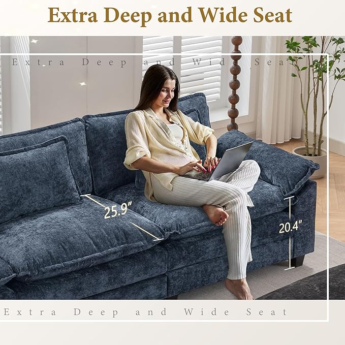 URRED Modular Sectional Sofa Comfy Cloud Couch, Modern Chenille Sofa Sleeper Deep Seat Couches with Ottoman/Pillows for Living Room (Blue, 117''- L Shape)