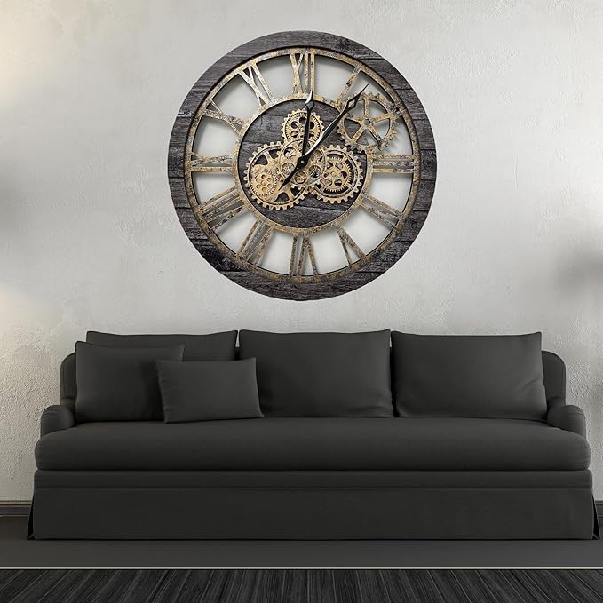 The Gears Clock The Original Real Moving Gear Wall Clock Vintage Industrial Oversized Rustic Farmhouse (24 inch (60cm), Vintage Carbon Grey and Bronze)