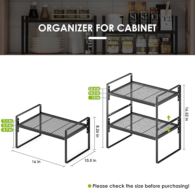 2 Pack Kitchen Countertop Organizer, Stackable Cabinet Shelf Organizer, 2 Tier Adjustable Kitchen Counter Shelves Riser For Pantry Cupboard Bathroom Organization And Storage, Desk Shelf,Spice Rack