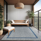 Bordered Outdoor Rug 8x10 Washable Outside Carpet for Indoor Patio Porch Waterproof Easy Cleaning Non Shedding Area Rugs Silver Gray - Blue 8 x 10