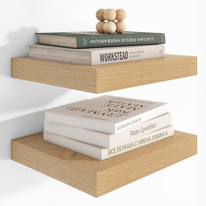 Heimlove 12 Inch Deep Floating Shelves, 12 x 12 inches Long Wall Shelf, Large Extra Display Shelf & Storage Shelf, Rustic Wood Wall Shelves for Fireplace Mantel, Oak - 2Pack