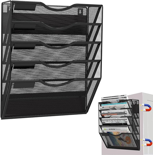 5-Tier Magnetic File Holder, No Drilling Installation File Cabinet Organizer, Black Magnetic File Organizer, Magazine Rack, Magnetic Paper Holder for Refrigerator, File Cabinets, Whiteboard