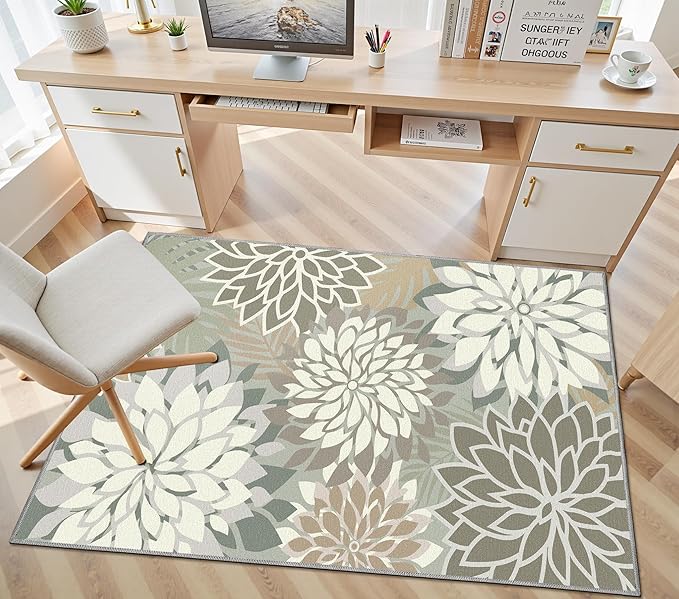 Area Rug 3x5 Brown White Washable Entry Rug Multicolored Tropical Botanical Modern Floral Indoor Kitchen Door Mat Entrance Carpet Non Slip for Bedroom Living Room, Porch