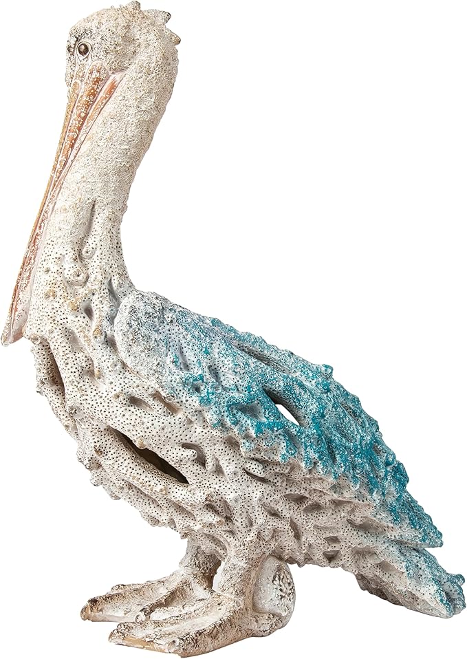 Blue Pelican Standing Figurine 13.75” Coastal Coral Reef Home Decor Nautical Beach Statue for Tabletop Shelf or Mantel Ocean Inspired Room Accents