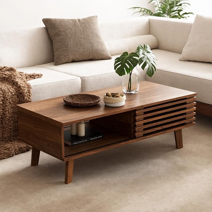 Mid Century Coffee Table with Storage & Sliding Fence Door, Modern Coffee Tables for Living Room, Walnut Finish