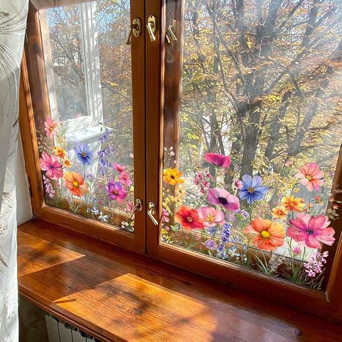 Colorful Flower Garden Window Clings, Wildflower Grass Lily Peony Poppy Floral Window Decals