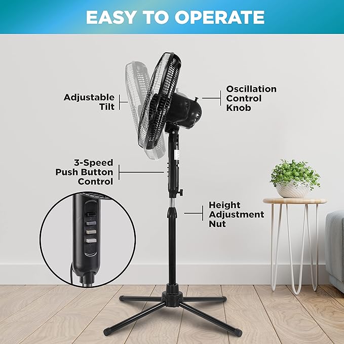 Comfort Zone Electric Oscillating Pedestal Fan, Stand Fan, 16 inch, 3 Speed, 90 Degree Oscillating Head, Adjustable Height and Tilt, Airflow 7.48 ft/sec, Ideal for Home, Bedroom & Office, CZST161BTEBK
