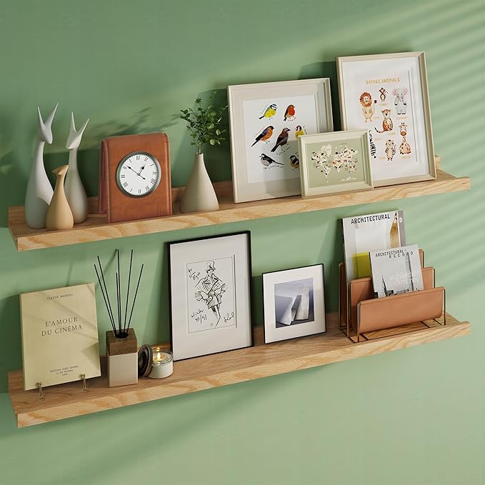 Floating Picture Ledge Shelves 48 Inch Solid Oak Wood Set of 2, Rustic Wall Storage Shelves with Lip, Kids Bookshelf, Photo & Picture Ledge Shelves for Bedroom, Living Room, Kitchen