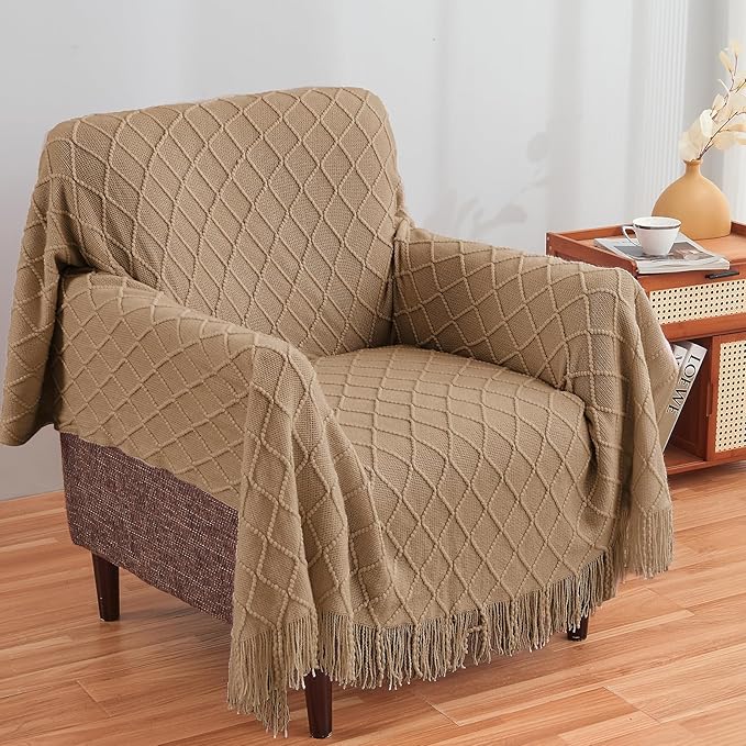 inhand Knitted Throw Blankets for Couch and Bed, Soft Cozy Knit Blanket with Tassel, Khaki Lightweight Decorative Blankets and Throws, Farmhouse Warm Woven Blanket for Men and Women, 50"x60"
