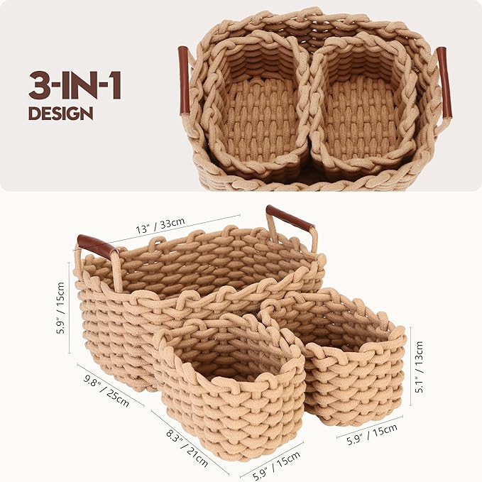 Sea Team 3-Pack Rectangle Woven Cotton Rope Storage Baskets with Handles, Shelf Basket, Closet Organizers, 3-in-1, Khaki