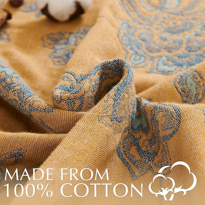 jinchan Boho 100% Cotton Muslin Twin Size 60x80 Inches Blanket Lightweight 4-Layer Quilted Soft Yellow and Blue Floral Throw Blanket Reversible Comfy Flower Breathable All Seasons Couch Bedroom Decor