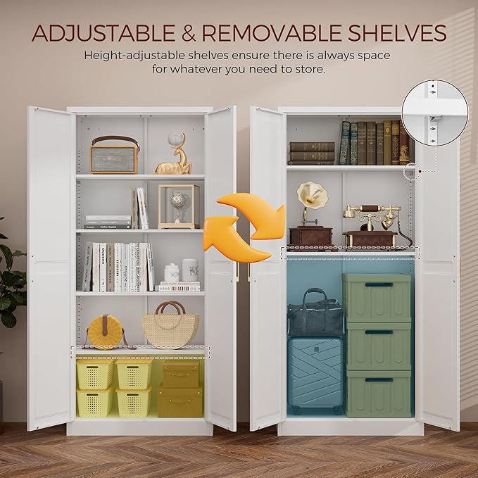 71" Tall Metal Pantry Cabinet, White Kitchen Pantry Storage Cabinet with 4 Adjustable Shelves and Gold Handles, Cupboard for Kitchen, Dining Room, Living Room, Bathroom