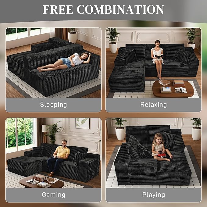 Modular Sectional Sofa Cloud Sectional Couch, 107" Comfy Fluffy L Shaped Light Black Couches for Living Room, Deep Seat Memory Foam Corduroy Boneless Couch Sectionals with Right Facing Chaise Sofa