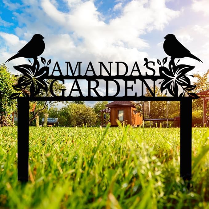 Personalized Metal Garden Name Sign with Flowers and Birds, Custom Yard Sign with Stake