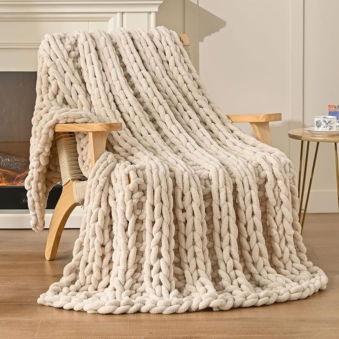 Esterra Chunky Knit Blanket Throw, 100% Handmade Chenille Throw Blanket 50"x60", Soft Thick Yarn Cable Knit Crochet Throw Blanket Rope Knot Throw for Couch Bed Sofa, Apricot White