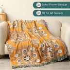 Boho Throw Blanket for Bed,100% Cotton Ultra Soft Lightweight Muslin 4-Layer Breathable Woven Throws 60''x 80'' Blanket Yellow Floral Printed Farmhouse Decor Bed Blankets