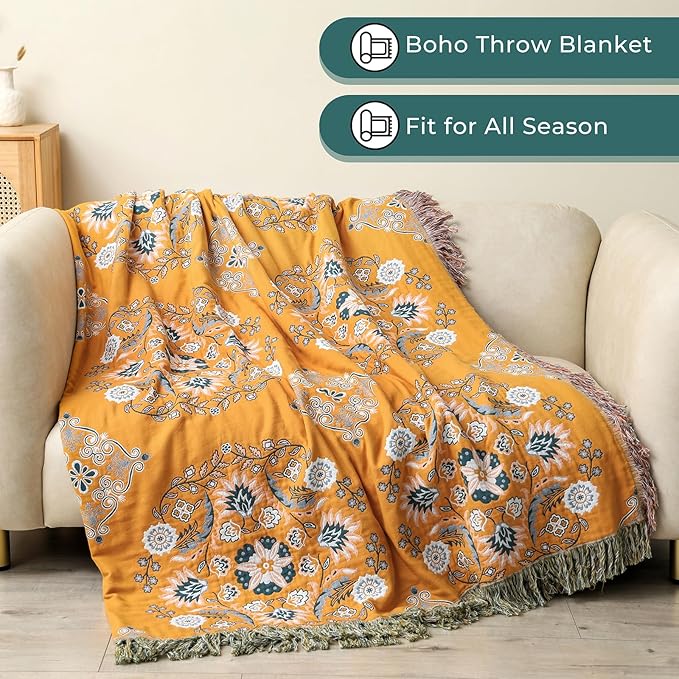 Boho Throw Blanket for Bed,100% Cotton Ultra Soft Lightweight Muslin 4-Layer Breathable Woven Throws 60''x 80'' Blanket Yellow Floral Printed Farmhouse Decor Bed Blankets