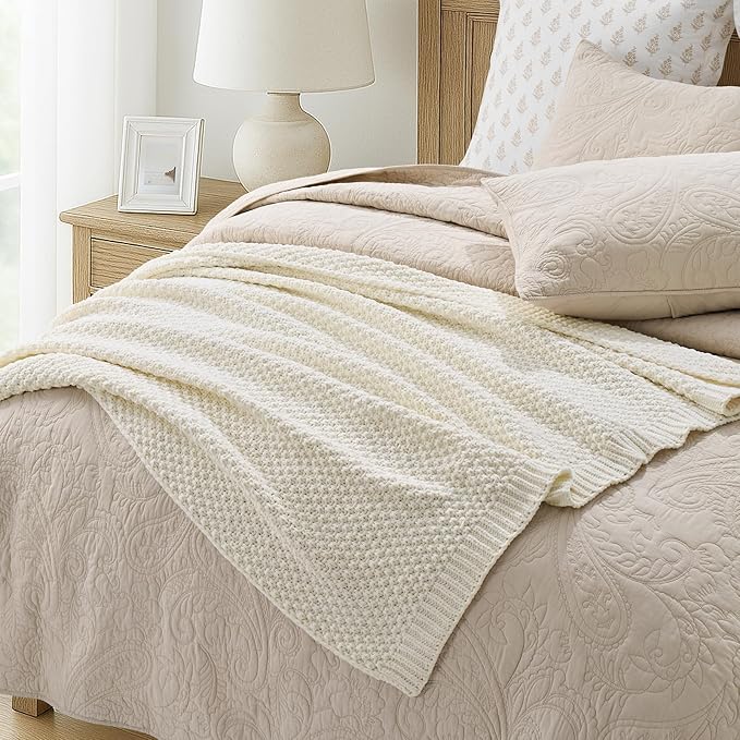 Chunky Chenille Knit Throw Blanket for Couch, Soft Luxurious Moss Stitch Blankets for Bed, Cozy Decorative Farmhouse Knitted Throws for Sofa, Ivory White, 60" x 80"