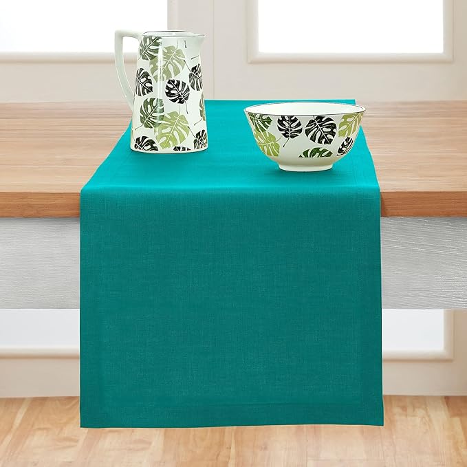 Solino Home Linen Table Runner 48 Inches - 100% Pure Linen Teal Table Runner 14 x 48 Inch Ideal for Dresser and Coffee Tables - Fete