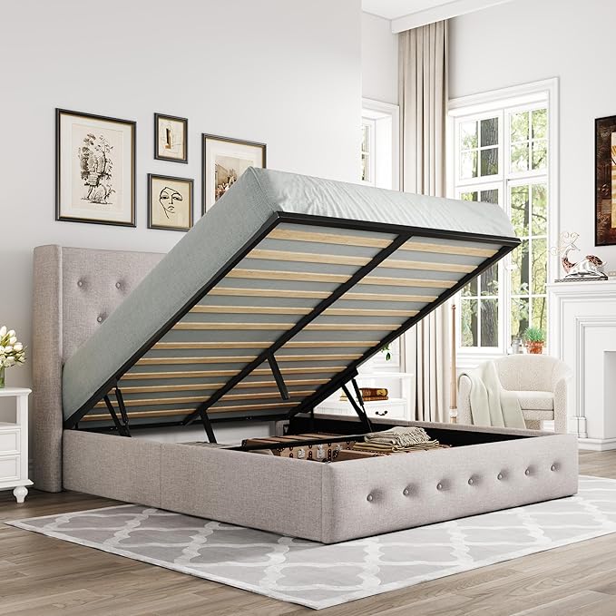 Allewie Full Size Lift Up Storage Bed, Button Tufted Headboard with Wingback, Hydraulic Support, No Box Spring Needed, Light Beige