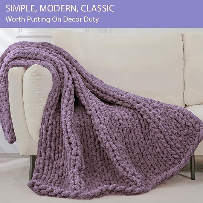 Bigacogo Chunky Knit Throw Blanket for Couch, 51x63 inches, 100% Hand Knitted with Thick Jumbo Chenille Yarn, Cozy Soft Large Rope Knot Cable Crochet Blankets for Sofa Bed Living Room, Winter Grape