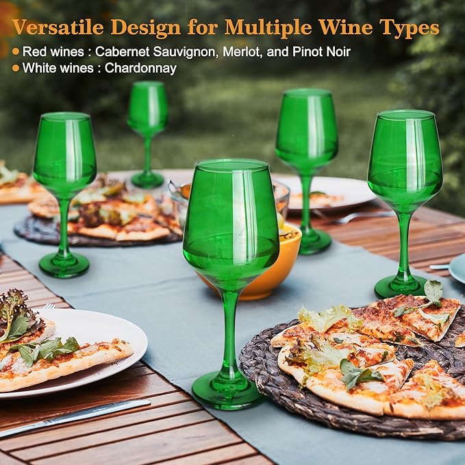 Green Wine Glasses Set of 6-14oz Long Stem Wine Glass, Pretty Crystal Glassware, Hand Blown Goblets Drinkware, Unique Stemware Wine Glass Holiday Gift Set