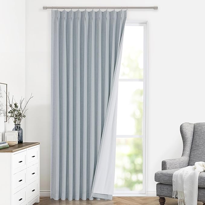 Vision Home Blue Fog Pinch Pleated Full Blackout Curtains Linen Blended Room Darkening Window Curtains 108 inch for Living Room Bedroom Thermal Insulated Pinch Pleat Drapes with Hooks 60" Wx108 Lx1