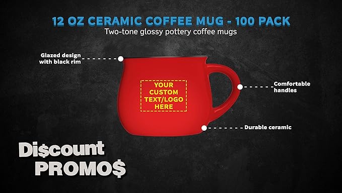 Custom Glazed Campfire Coffee Mugs 12 oz. Set of 100, Personalized Bulk Pack - Perfect for Coffee, Tea, Espresso, Hot Cocoa, Other Beverages - Red
