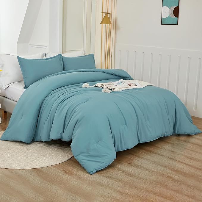 Litanika Comforters Grayish Teal Oversized Queen Size, 3 Pieces Lightweight Solid Bedding Comforter Set, All Season Fluffy Bed Set (98x98In Comforter & 2 Pillowcases)