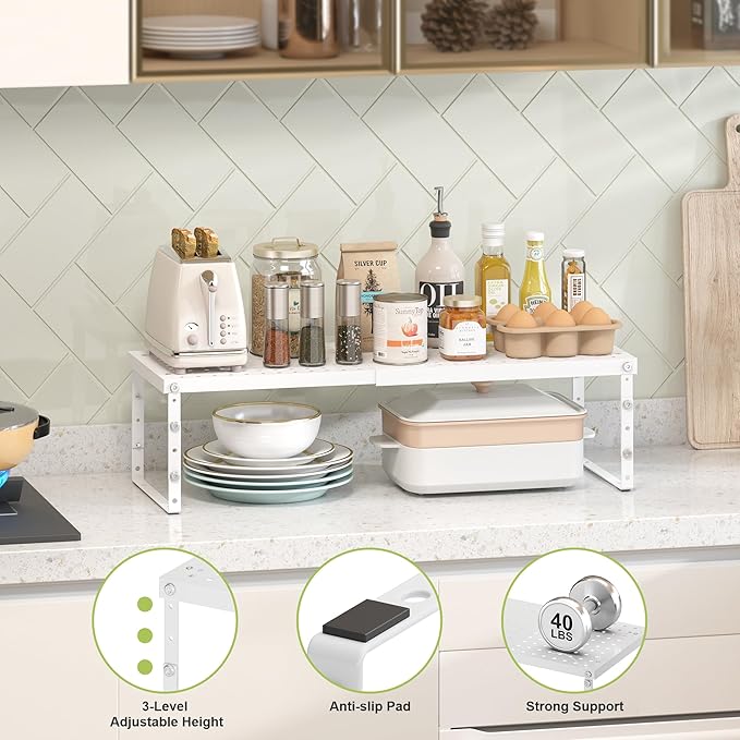 Expandable Cabinet Organizer Shelf With Adjustable Height, Stackable Kitchen Countertop Organizer Rack, Adjustable Shelf Riser For Kitchen Counter, Pantry, Cupboard, Desk, Tabletop