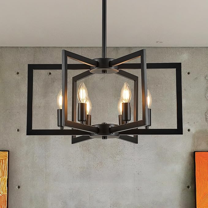 Modern Farmhouse Black Chandeliers for Dining Room, 6-Light Industrial Metal Chandeliers Geometric Pendant Lights Kitchen Island for Entryway Stairway Foyer Hallway
