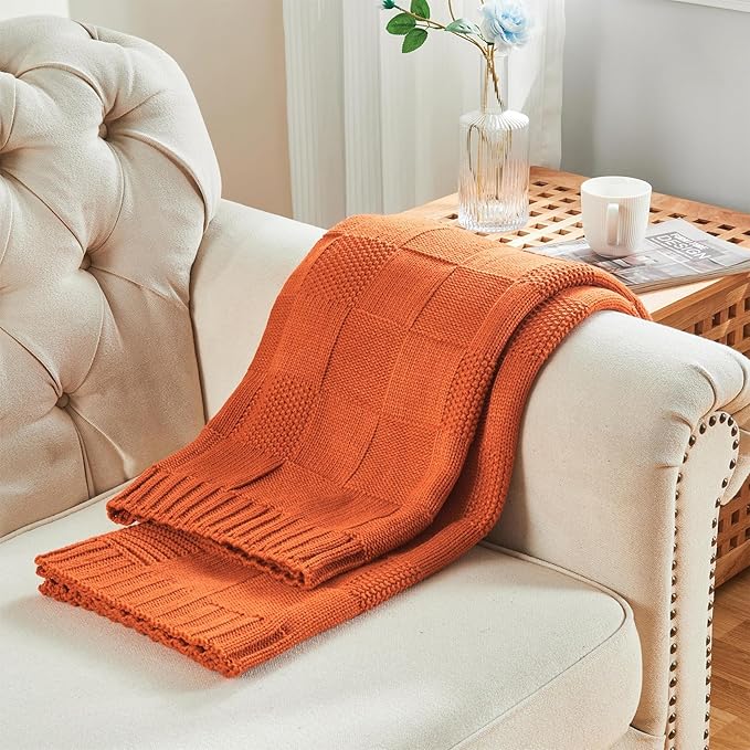 CozeCube Check Knit Throw Blanket, Rust Orange Checkered Throw for Couch, Decorative Christmas Soft Cozy Warm Knitted Blanket for Bed Sofa Living Room, 60"X80"