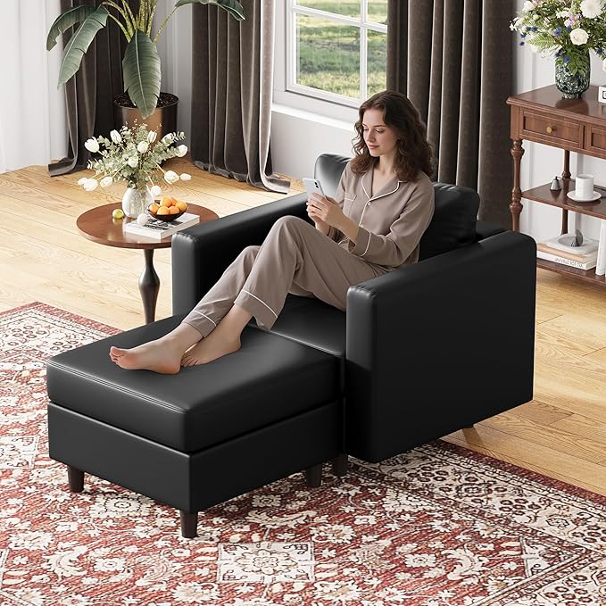 Faux Leather Oversized Accent Chair with Storage Deep Seat Single Sofa Large Reading Armchair for Living Room Bedroom Office Black Set of 2