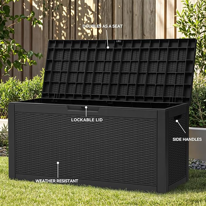 YITAHOME 60 Gallon Resin Deck Box, Weather Resistant Outdoor Rattan Storage Box, Lockable Indoor Outdoor Storage for Supplies and Essentials, Black