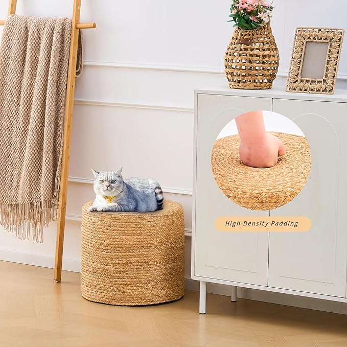 Handwoven Ottoman Pouf, Natural Water Hyacinth Footstool, Round Braided Outdoor Seat with Sturdy Frame, Boho Accent Stool for Patio, Balcony, or Garden (Natural)