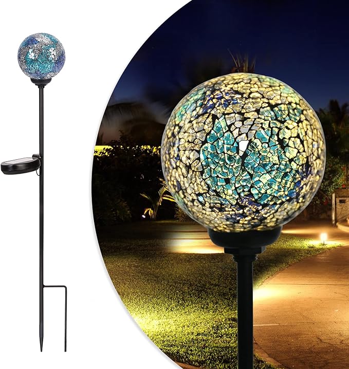 Solar Garden Lights Outdoor Decorative - Solar Gazing Ball Mosaic Garden Stakes Decorative Waterproof Outdoor Lights for Pathway Yard Lawn Decoration Blue
