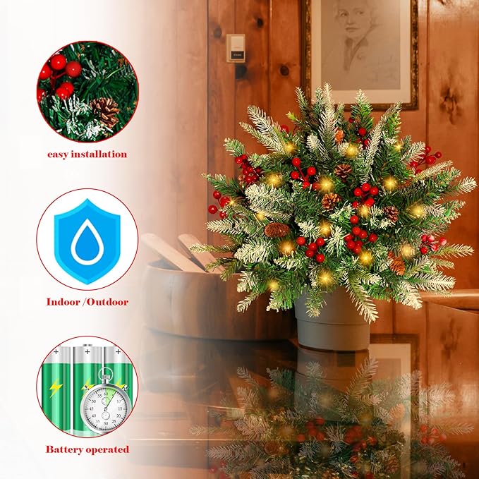 2 Pack Lighted Artificial Christmas Urn Filler, Battery Operated Pre-lit Xmas Pine Trees, Tripod Stake and 60 LED Lights, Holiday Porch Decorations for Porch, Yard, Garden, Flower Beds（Warm White）