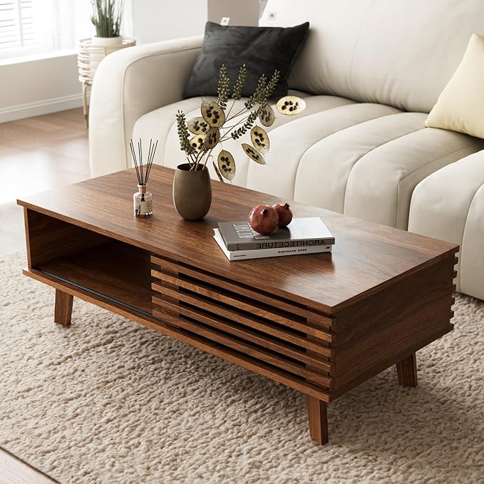 Mid Century Coffee Table with Storage & Sliding Fence Door, Modern Coffee Tables for Living Room, Walnut Finish