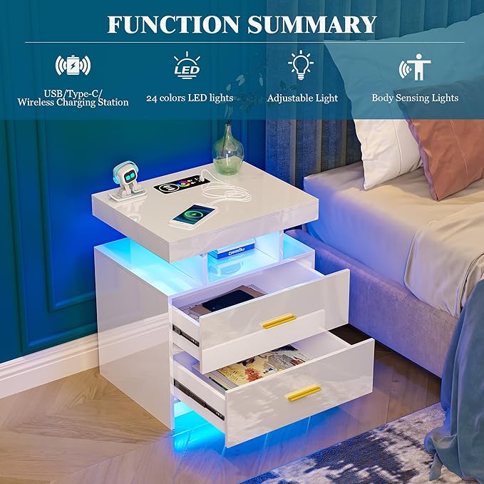 Night Stand with Light, High Gloss Nightstand with USB/Wireless Charging Station, LED White Nightstands with Storage Drawers, RGB Side End Table for Bedroom Furniture（White