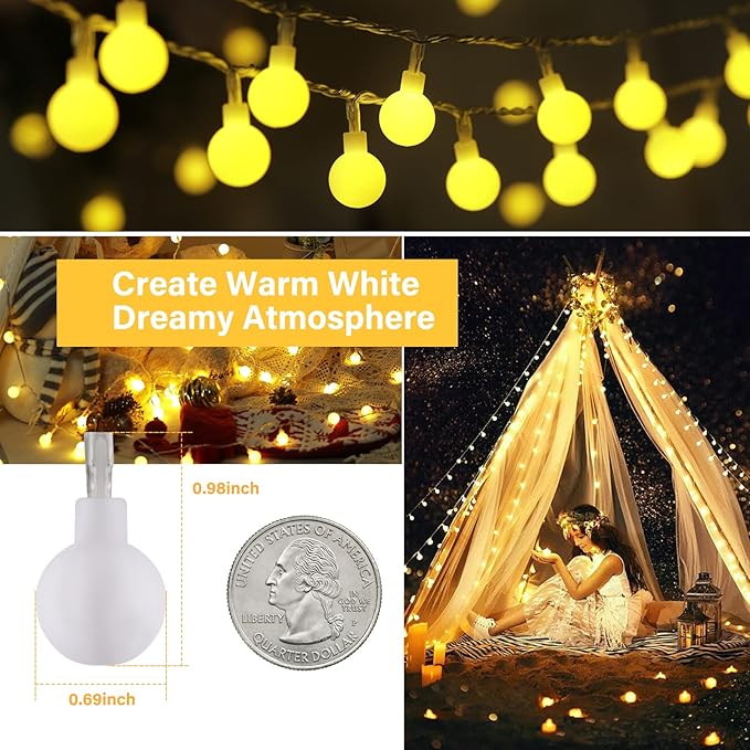 Minetom Mini Globe String Lights, 66 Ft. 200 LED Fairy String Lights Plug in, 8 Modes with Remote, Decor for Indoor Outdoor Party Wedding Christmas Tree Garden, Warm White