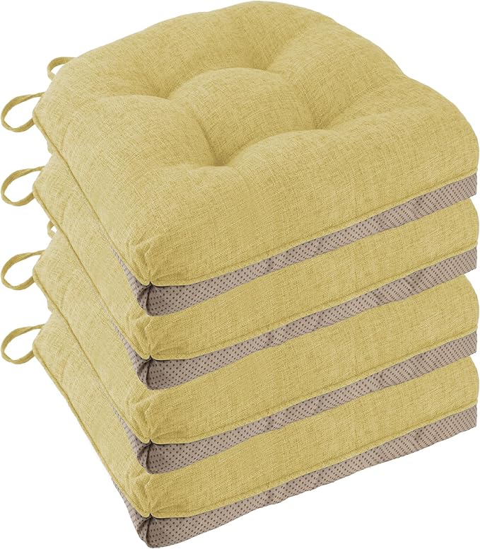 Non Slip Chair Cushions for Dining Chairs Set of 4 Kitchen Chair Cushions 18"x18"x3" Turfted Chair Pads Comfortable and Soft Seat Cushion with Ties, Yellow