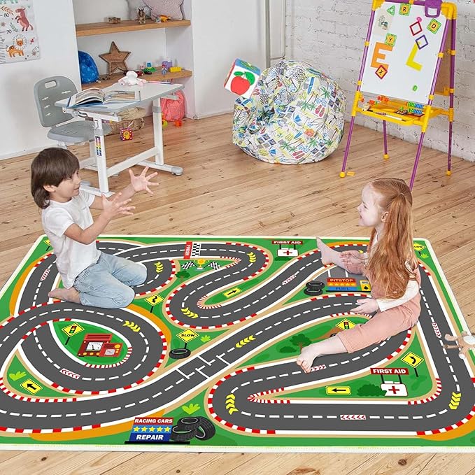 Kids Rug Play mat Playroom Rugs Car Rugs for Kids Toy Cars Race Track for Classroom Rug (Race-Green, 5.2x7.9ft)