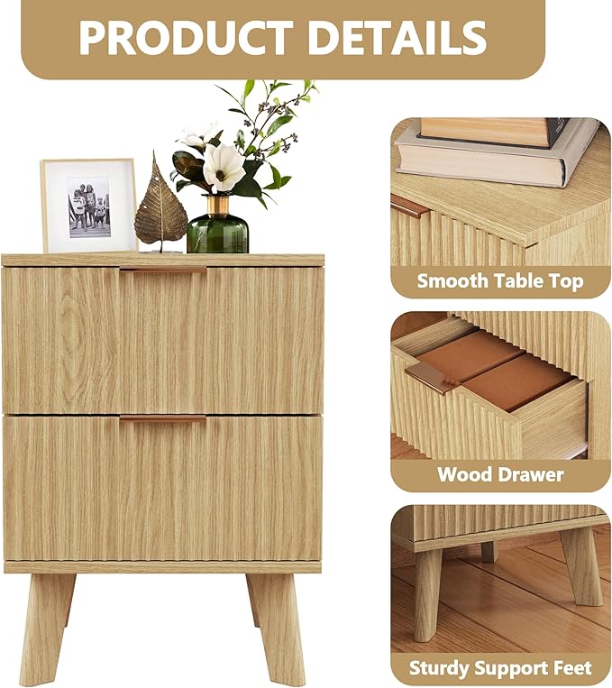 Fluted Nightstands Set of 2, Mid Century Modern 2 Drawer Dresser for Bedroom, Small Night Stand Side Table End Table with Wood Drawer Storage for Bedroom Closet, Natural