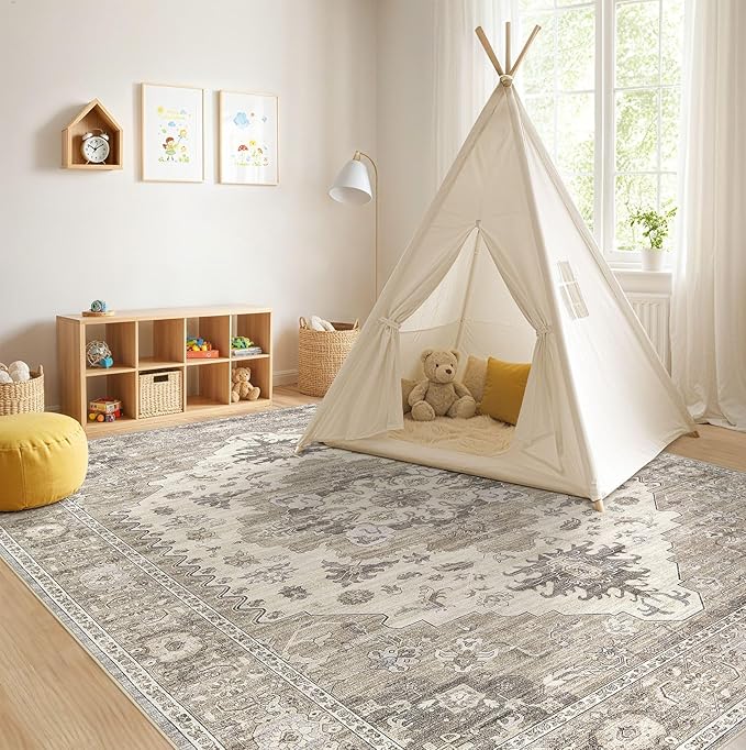 Washable Area Rugs for Living Room -8x11 Neutral Vintage Distressed Floral Farmhouse Boho Large Soft Floor Rug Indoor Non Slip Carpet for Living Room Bedroom Dining Room Office-Brown/Beige