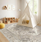 Washable Area Rugs for Living Room -8x10 Neutral Vintage Distressed Floral Farmhouse Boho Large Soft Floor Rug Indoor Non Slip Carpet for Living Room Bedroom Dining Room Office-Brown/Beige