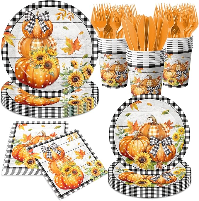 Fall Party Decorations,144Pcs Fall Thanksgiving Tableware Set Includes Plates,Napkins,Knife,Fork Black and White Buffalo Plaid Pumpkin Theme Decorations for Autumn Harvest,Thanksgiving Day